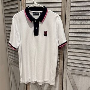 117. Psycho Bunny Men’s White Polo with Blue and Pink Details, size 6 pre owned